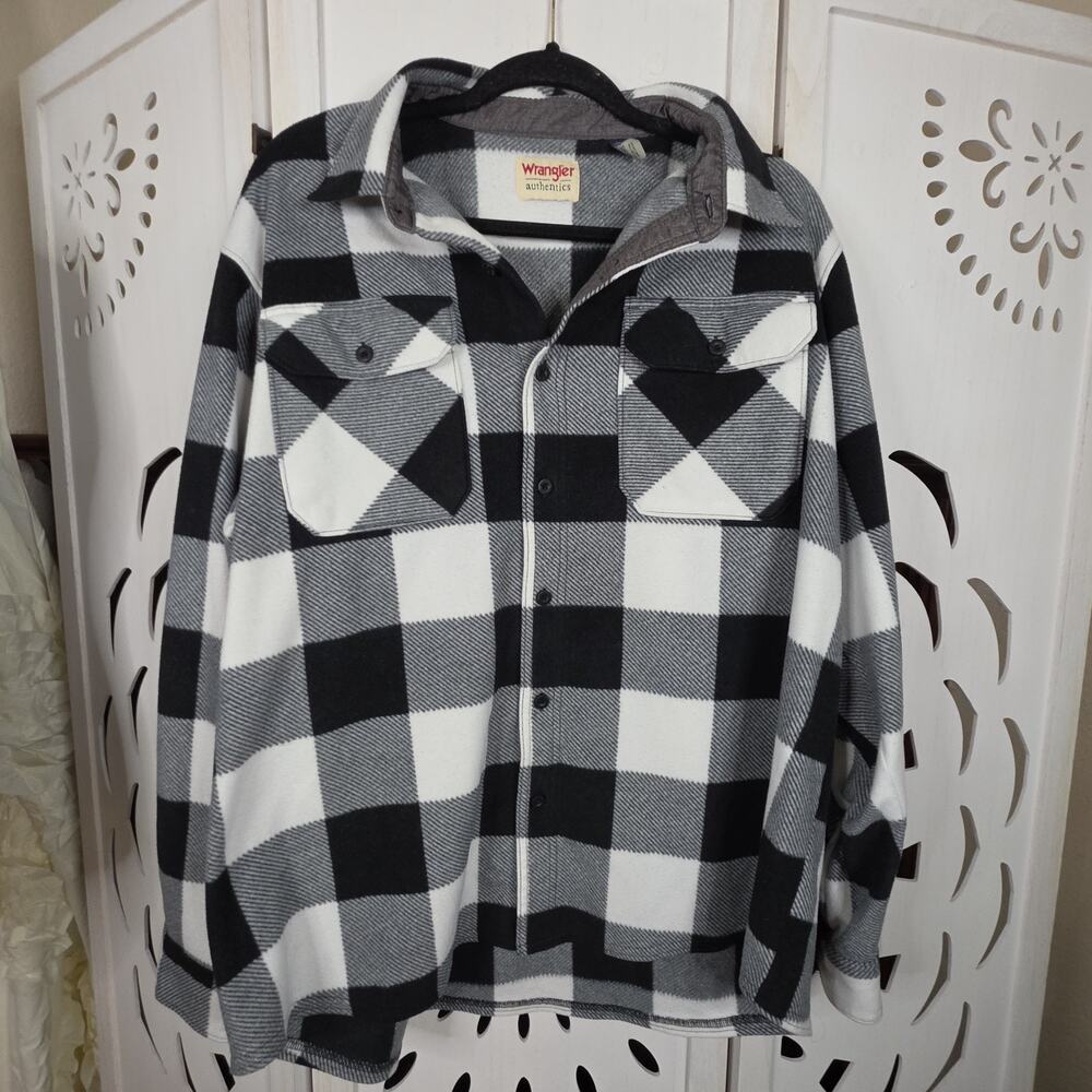 Wrangler Authentics Men's Black White Buffalo Plaid Button Down Fleece Shirt 2XL